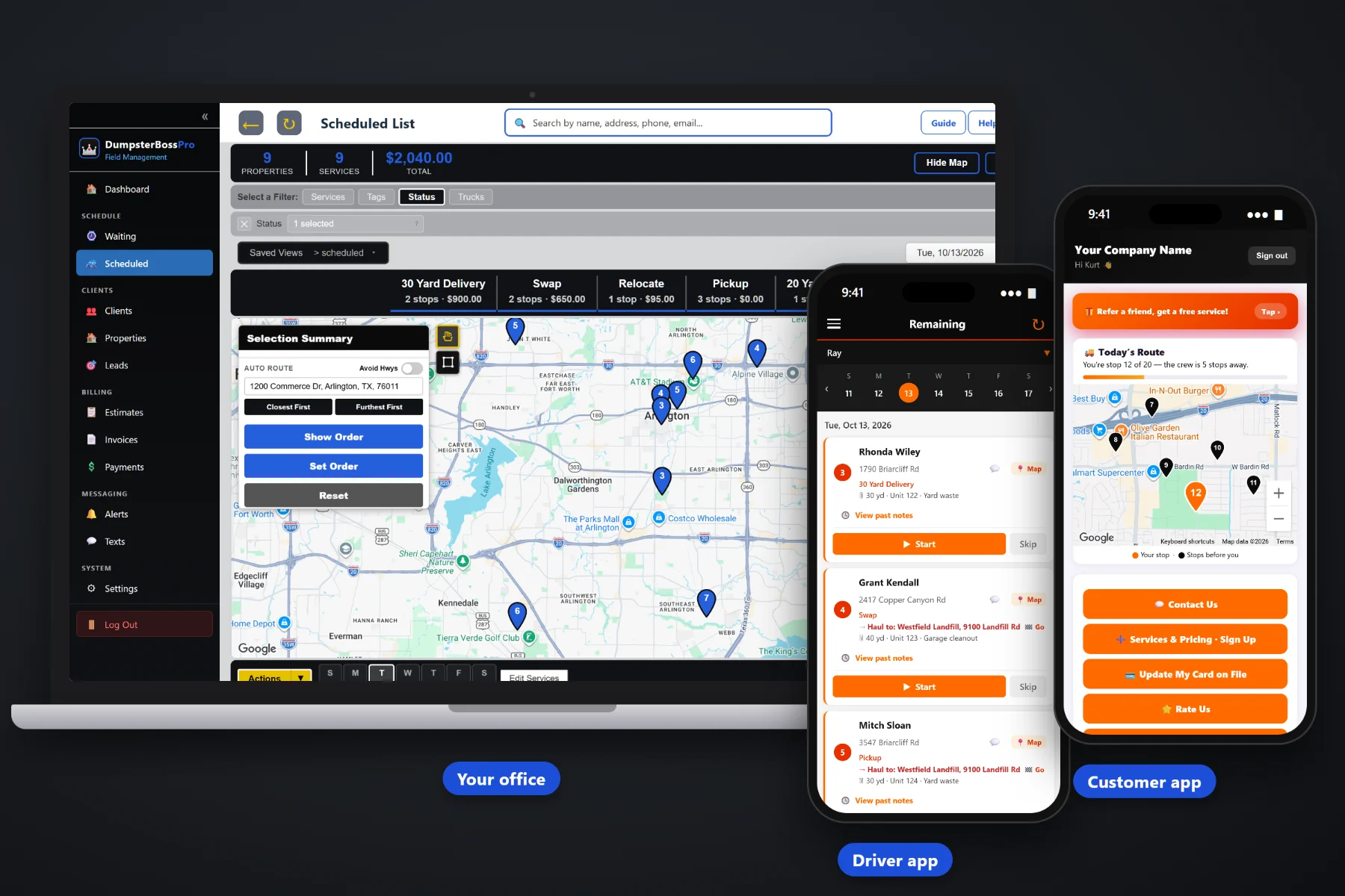 DumpsterBossPro dumpster rental business software dispatch board on a laptop with a roll-off truck and dumpster jobs in the driver app and the customer app on two phones